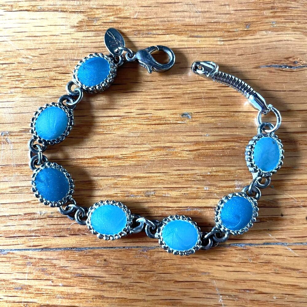 ML Blue Frosted Glass Cabochon Bracelet Silver Tone Link Bracelet 8 Inch